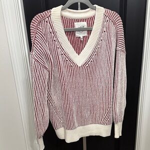 Aerie Red and Cream V-Neck Sweater